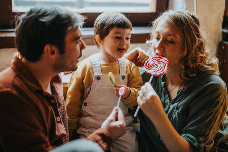 Young family enjoying lollipops together indoors during daytime