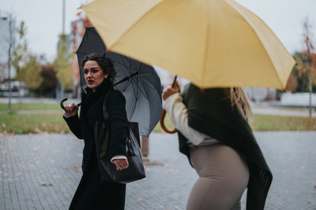 Women Walking Outdoors on a Rainy Day Holding Umbrellas