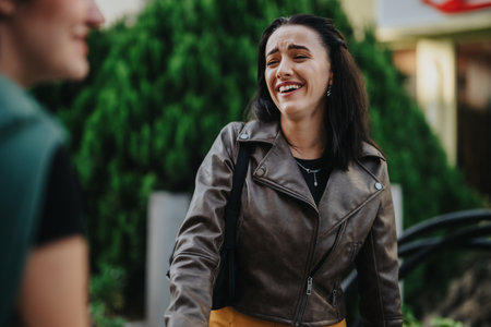 Woman smiling while having a joyful conversation outdoors on a sunny dayの写真素材
