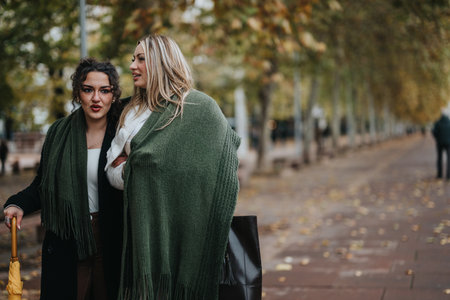 Two friends enjoying a walk in autumn with scarves and fall foliage