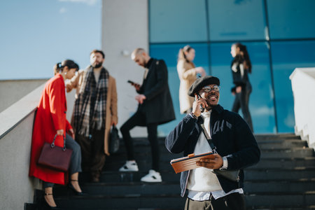Young business professionals communicating and networking outdoors in an urban settingの写真素材