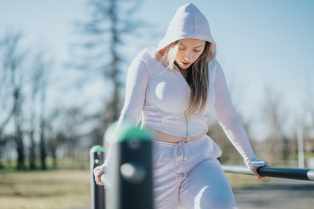 Young woman in a hoodie exercising on bars in a park on a sunny day