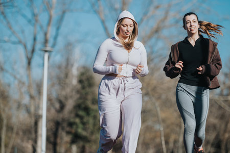 Two Women Jogging Together in an Outdoor Park on a Sunny Dayの写真素材