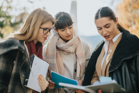 Three multicultural businesswomen collaborating outdoors on a bright autumn day