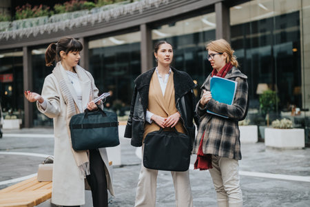 Group of professional women discussing business matters in an urban settingの写真素材