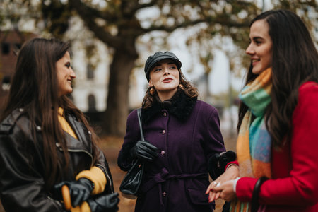 Three women enjoy a friendly conversation outdoors in a city park on an overcast day.の写真素材