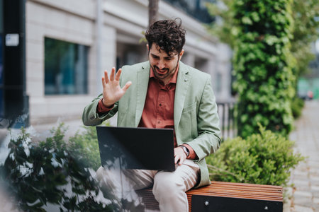 Man using a laptop outdoors and waving during an online video callの写真素材