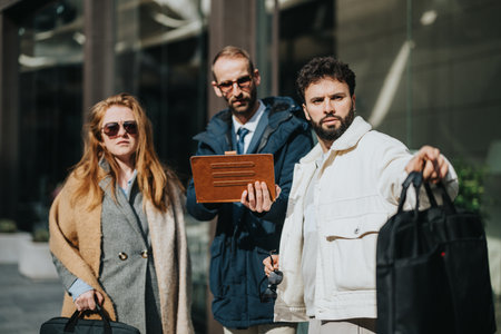 Group of professionals discussing ideas outdoors in urban settingの写真素材