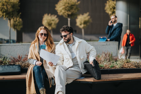 Casual friends enjoying an outdoor day with documents on a sunny benchの写真素材
