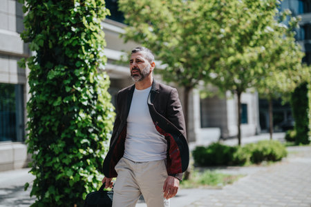 Casual urban man walking outdoors with suitcase, surrounded by green plantsの写真素材