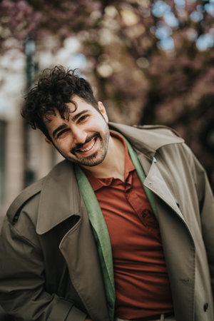 Smiling businessman in casual outfit enjoying an outdoor settingの写真素材