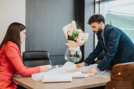 Two professionals collaborating on architectural plans in a stylish office setting with natural light.の写真素材