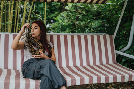 Girl relaxing on striped swing with pet snake outdoorsの写真素材