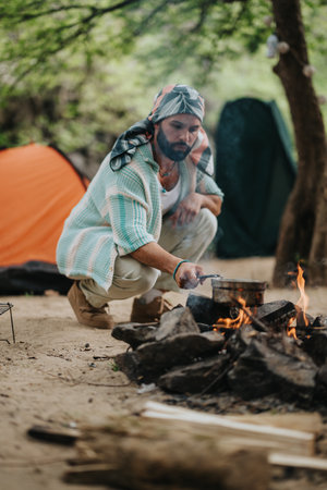 Man cooking at a campfire in forest while camping outdoorsの写真素材