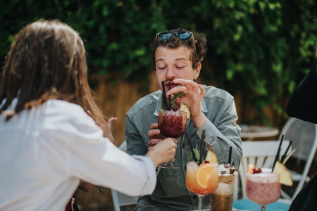 Friends enjoying refreshing drinks while socializing outdoors in a summer settingの写真素材