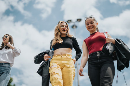 Three young friends smiling while walking outdoors under a sunny blue skyの写真素材