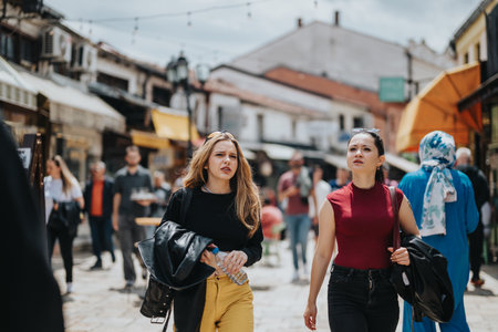 Friends exploring a vibrant city street on a bright and sunny dayの写真素材