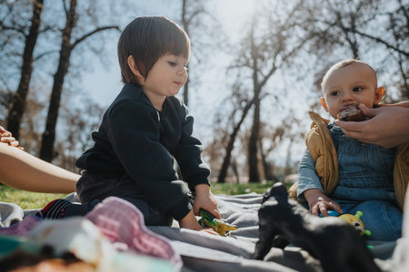 Children enjoying a picnic with toys and snacks on a sunny day outdoorsの写真素材