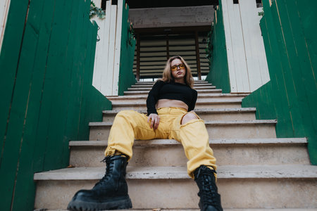 Confident young woman sitting on stairs in urban casual fashion outfitの写真素材