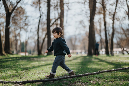 Child enjoying a walk in a peaceful forested park on a sunny autumn day.の写真素材