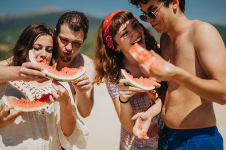 Group of friends enjoying watermelon during a sunny day outdoorsの写真素材