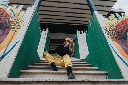 Fashion forward young woman sitting on stairs with colorful artistic backgroundの写真素材