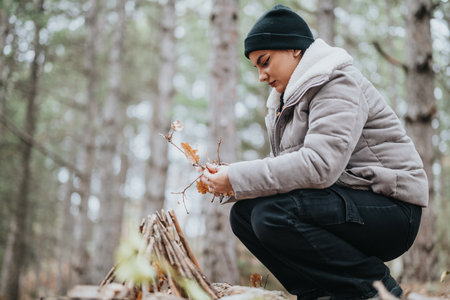 Individual enjoying a casual winter outing in a wooded area, arranging natural items outdoors
