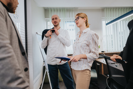 Business colleagues engaged in a discussion during an informal meeting in a modern office space