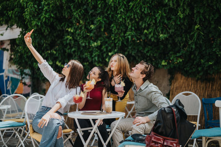Group of friends taking selfies while enjoying drinks at an outdoor cafeの写真素材