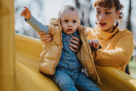 Mother guiding her playful child on a yellow playground slide in sunny outdoor surroundingsの写真素材