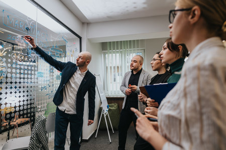 Team of associates collaborating on business strategies with creative brainstorming efforts in a modern officeの写真素材