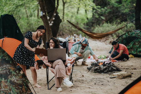 A group of friends camping and collaborating outdoors by a campfireの写真素材