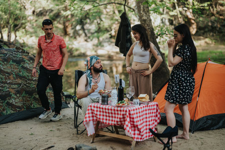 Group of friends enjoying a meal together at a camping site outdoorsの写真素材