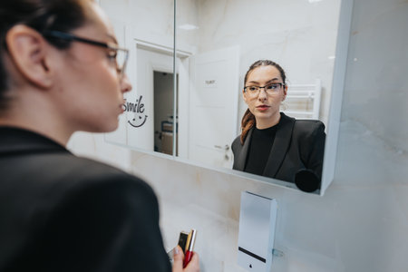 Businesswoman adjusting her appearance in a restroom mirror, focusing on professional presentationの写真素材