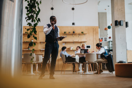 Professional focused businessman communicates on the phone in a stylish co working area with others collaborating in backgroundの写真素材