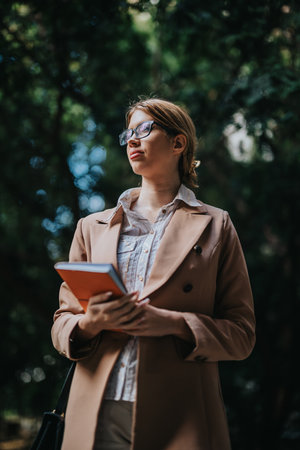 Confident businesswoman holding notebook in urban outdoor settingの写真素材