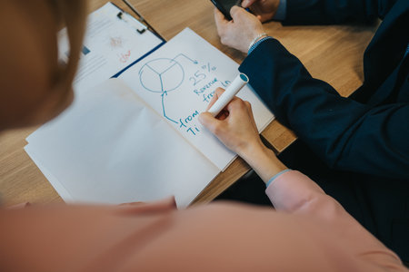 Business colleagues discussing strategy with handwritten notes including a pie chart sketch to illustrate financial distribution and growth strategiesの写真素材