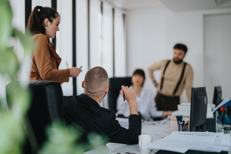 Group of employees collaborating in a modern office environmentの写真素材