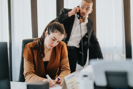 Two office workers collaborating in a professional business environmentの写真素材
