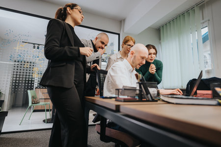 Team collaboration during a business brainstorming session in a modern officeの写真素材