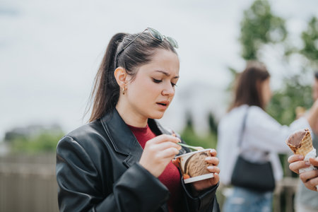 Young woman enjoying dessert outdoors on a sunny dayの写真素材