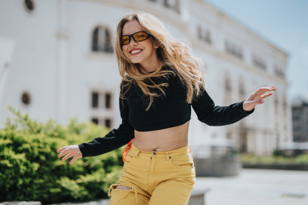 Smiling young woman enjoying a sunny day outdoors in urban surroundingsの写真素材