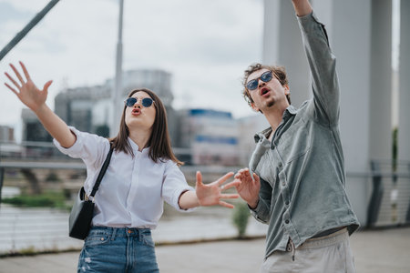 Two friends outdoors gesturing with enthusiasm while sightseeing in an urban areaの写真素材