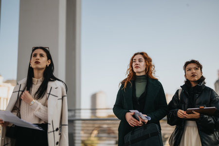 Multicultural businesswomen engaged in an outdoor strategic meeting for project developmentの写真素材