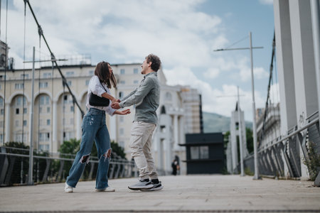 Young friends enjoying a moment on a sunny bridge backdropの写真素材