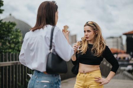 Two young women enjoy ice cream while having a conversation outdoorsの写真素材