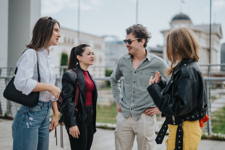Group of friends having a casual conversation in an outdoor city settingの写真素材
