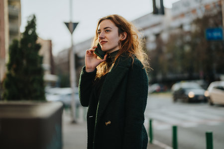 Woman speaking on phone outdoors in urban autumn setting while smilingの写真素材