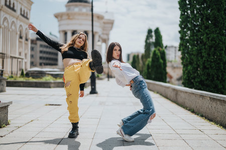 Two young women expressing dynamic poses on an urban streetの写真素材