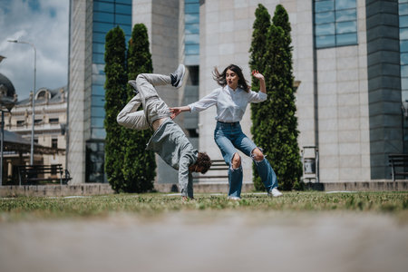 Friends enjoying outdoor activities with dance moves in urban environmentの写真素材